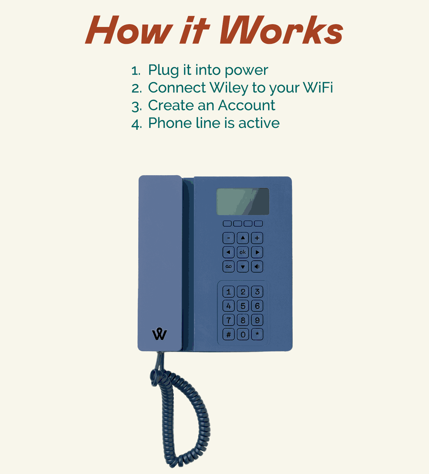 Blue wiley wifi home phone with setup instructions on a white background