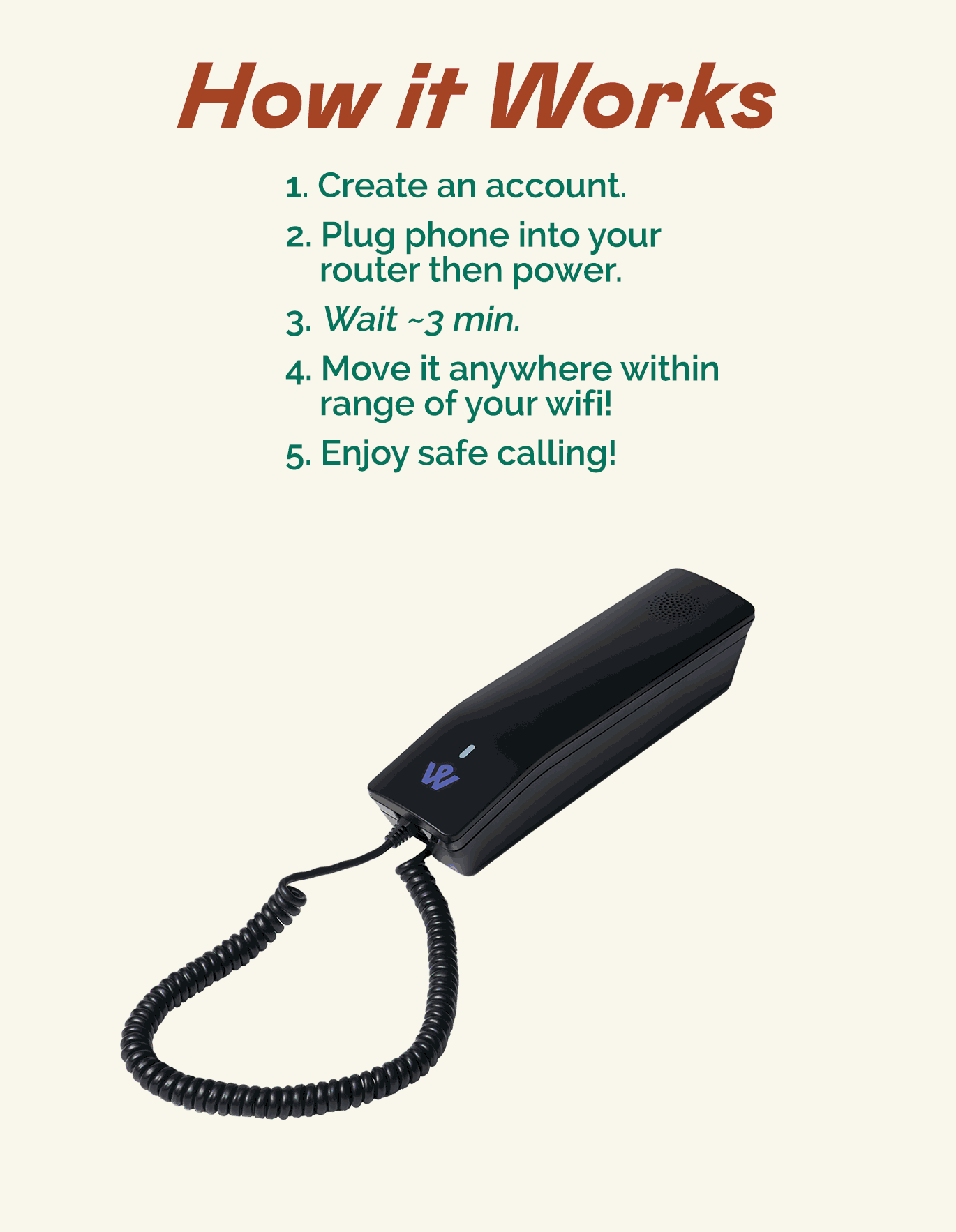 Create an account, plug phone into router then power, wait 3 minutes, move it anywhere within range of your wifi! Enjoy safe calling!